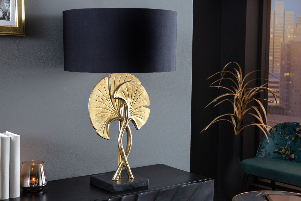 Tischleuchte GINKGO 62cm gold Baumwollschirm schwarz / verstellbarer Lampenschirm