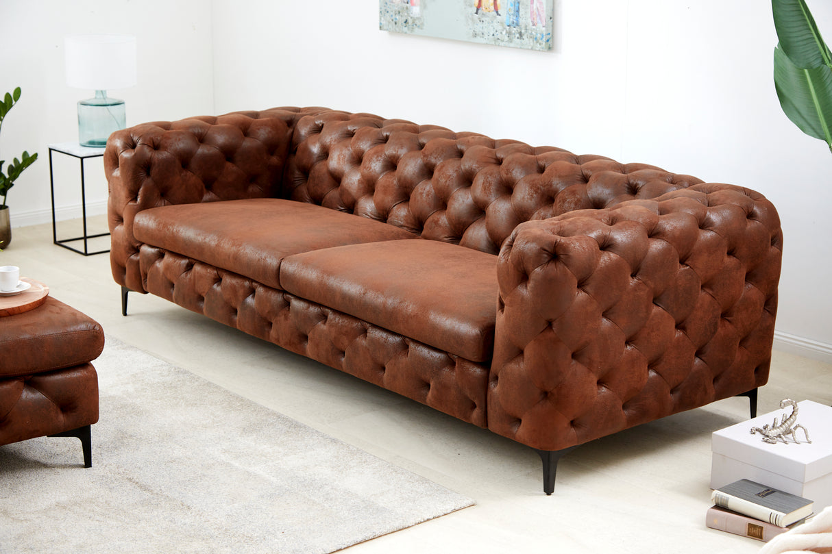 Sofa MODERN BAROCK 240cm 3-seater microfibre antique brown in chesterfield style