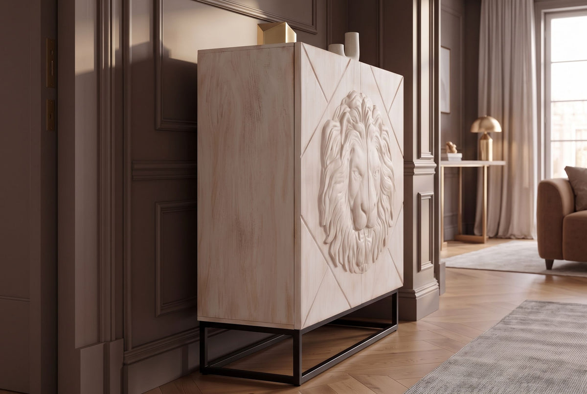 Highboard LION 120cm 3D lion front mango wood creamy w/ black metal frame