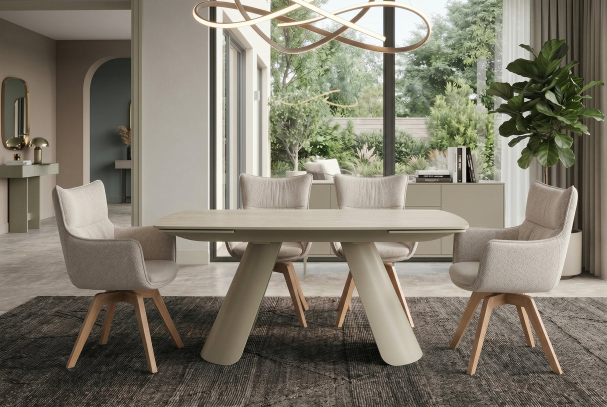 Dining table VOGUE 160-240cm extendable w/ metal frame travertine ceramic top champagne greige beige
