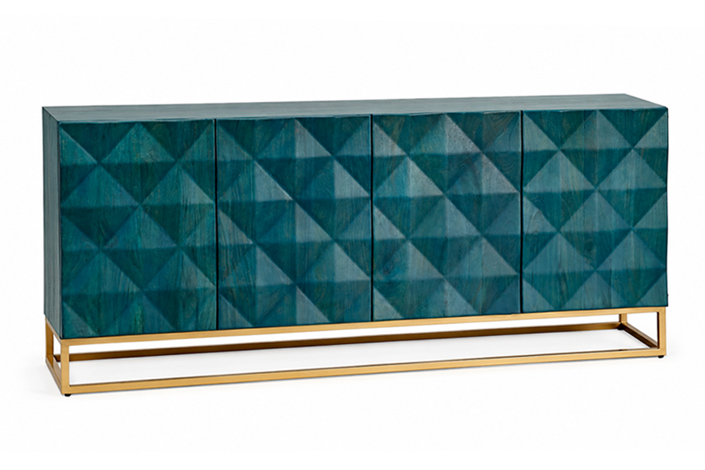 Sideboard VULCANO 180cm 3D front mango wood turquoise w/ gold metal frame