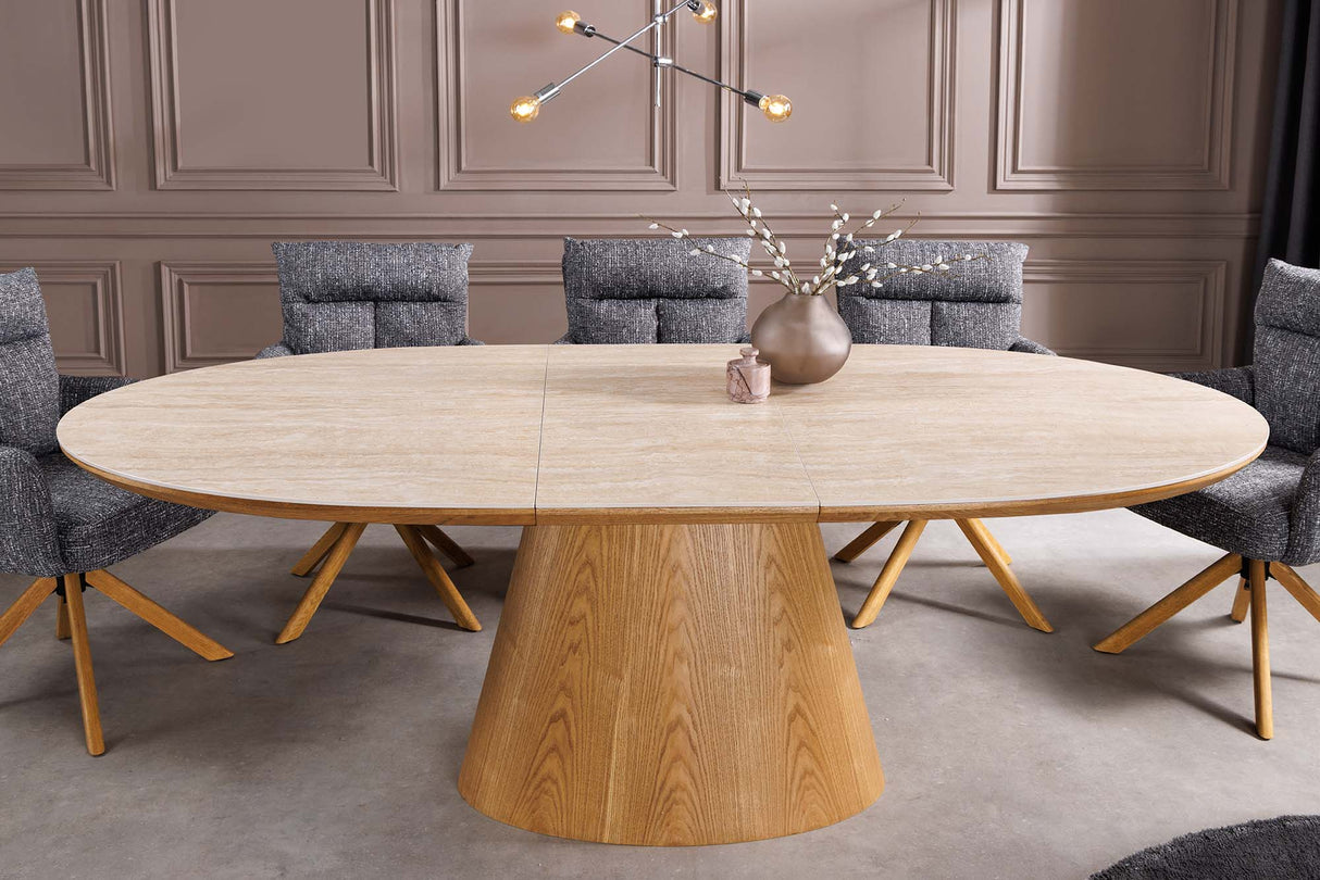 Dining table UNIQUE 160-200cm extendable oak wood look ceramic top travertine