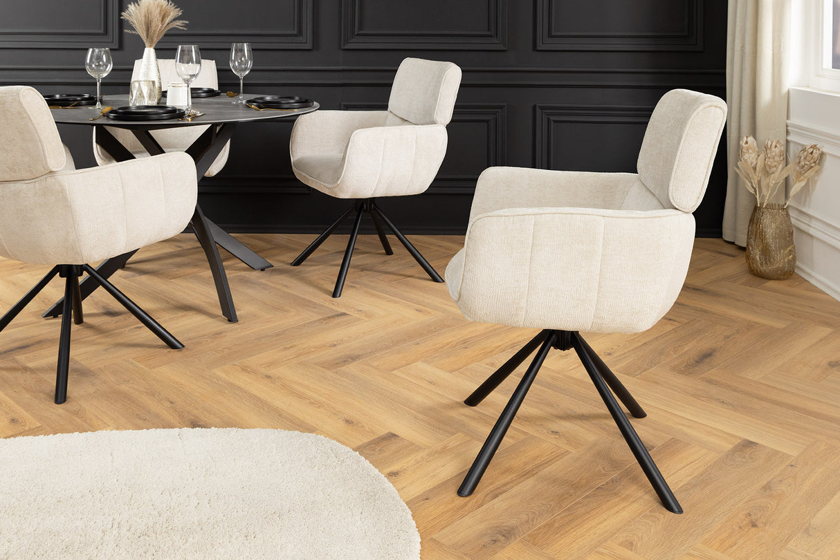 Drehstuhl UNIQUE 180° mit Armlehnen Chenillestoff champagnerbeige und schwarzen Beinen