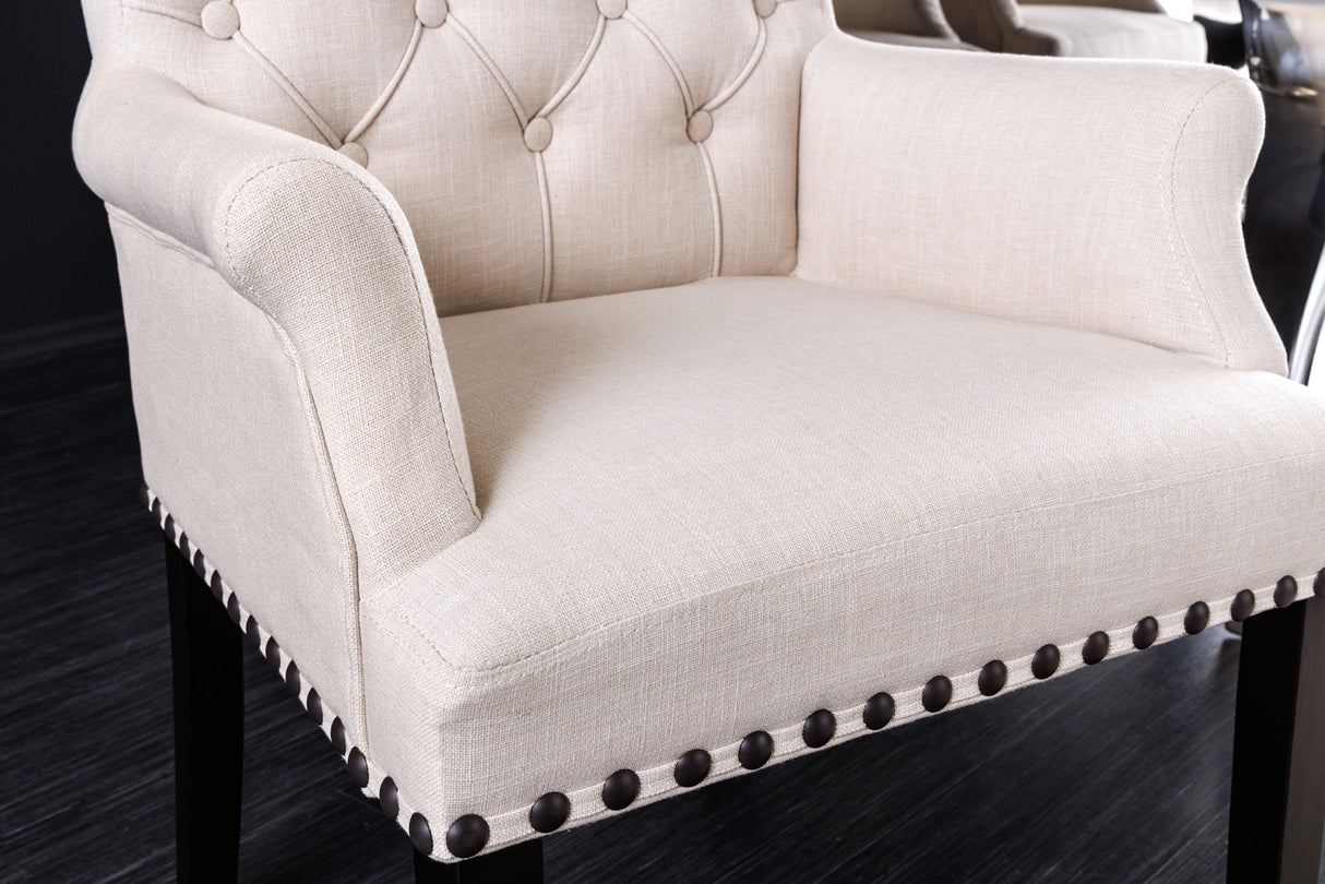 Chair CASTLE w/ armrests black legs textured fabric beige in chesterfield style