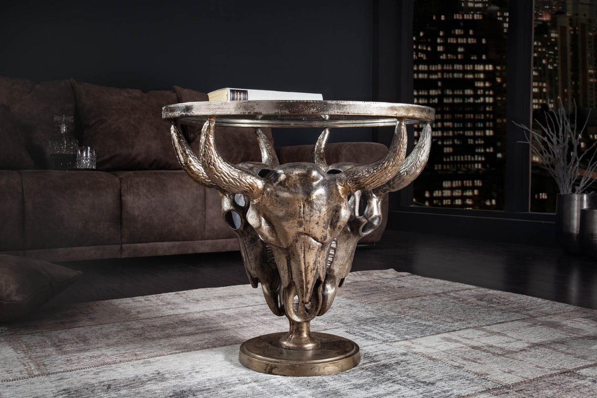 Couchtisch MATADOR 56cm 3 Totenköpfe bronze 8mm Glasplatte