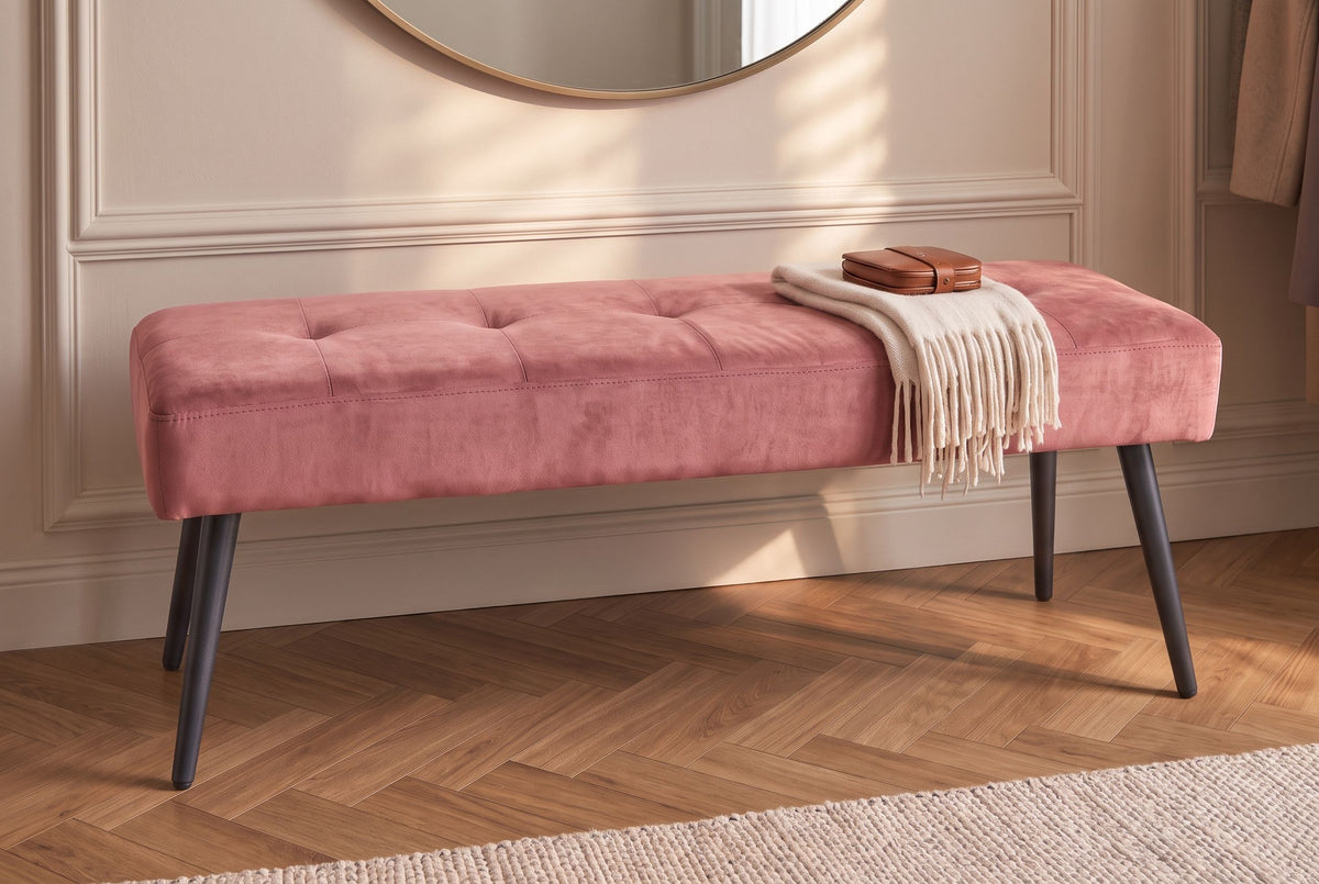 Bench BOUTIQUE 100cm button tufted look velvet dusky pink w/ black metal legs