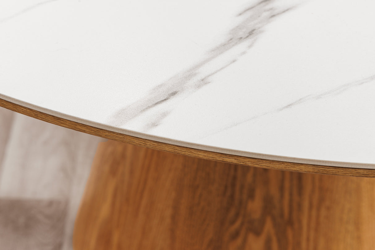 Dining table UNIQUE 120cm round oak wood verneered ceramic white marble top