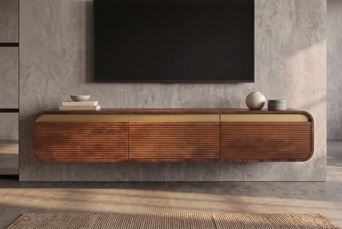 TV-Board MONZA 160cm w/ cable management hanging fluted front brown mango wood gold details