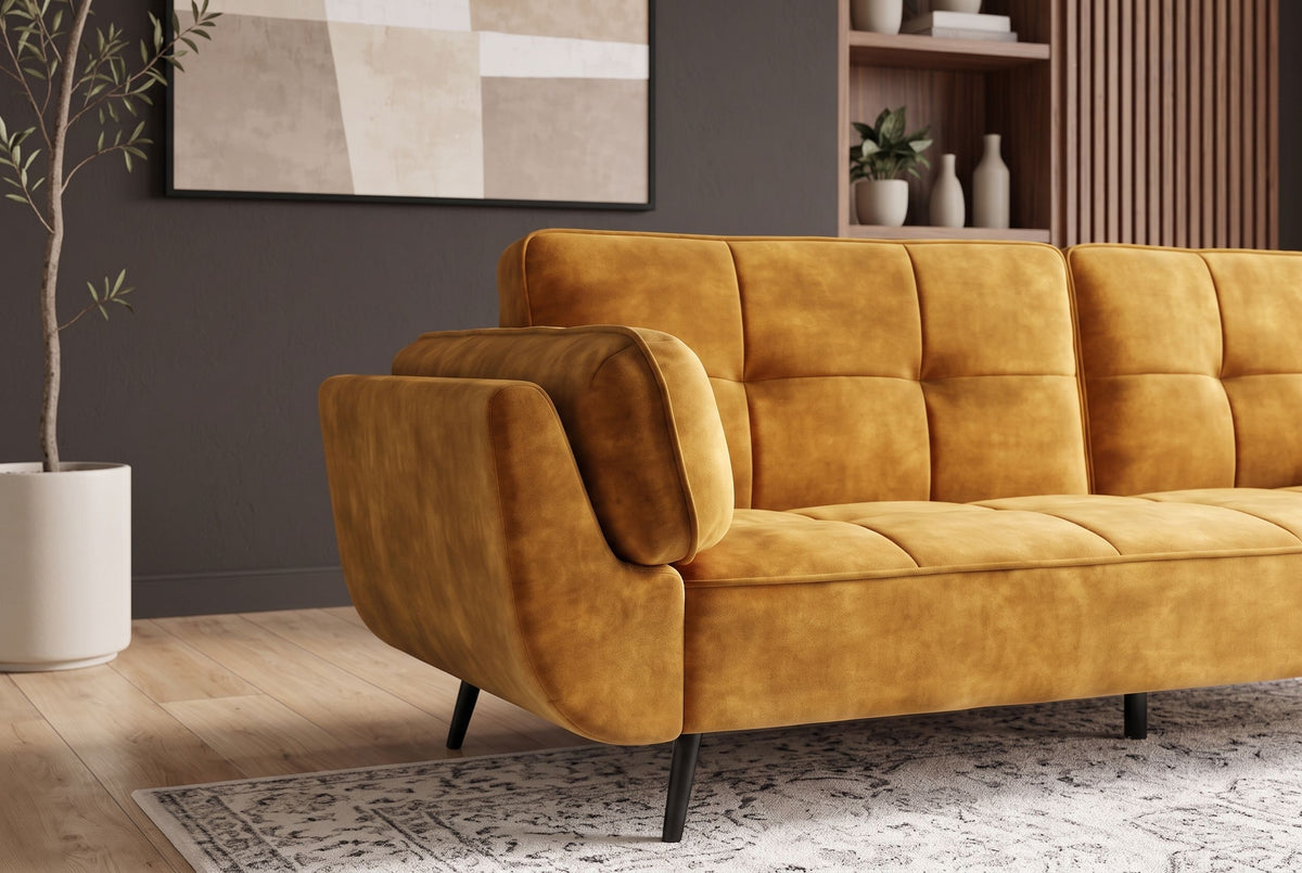 Sofa bed BOUTIQUE 215cm 3-seater w/ armrest cushions square quilting vogue velvet mustard yellow