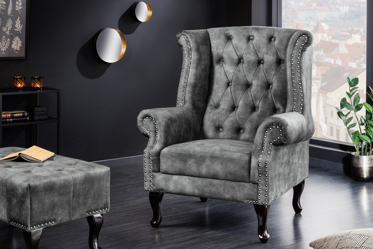 Ohrensessel CHESTERFIELD Antik-Look Samt grau