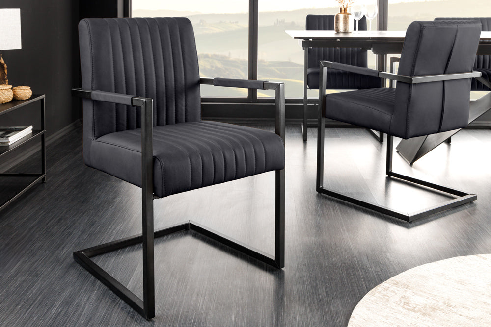 Cantilever chair BIG ASTON w/ armrests spring core black metal legs leather black