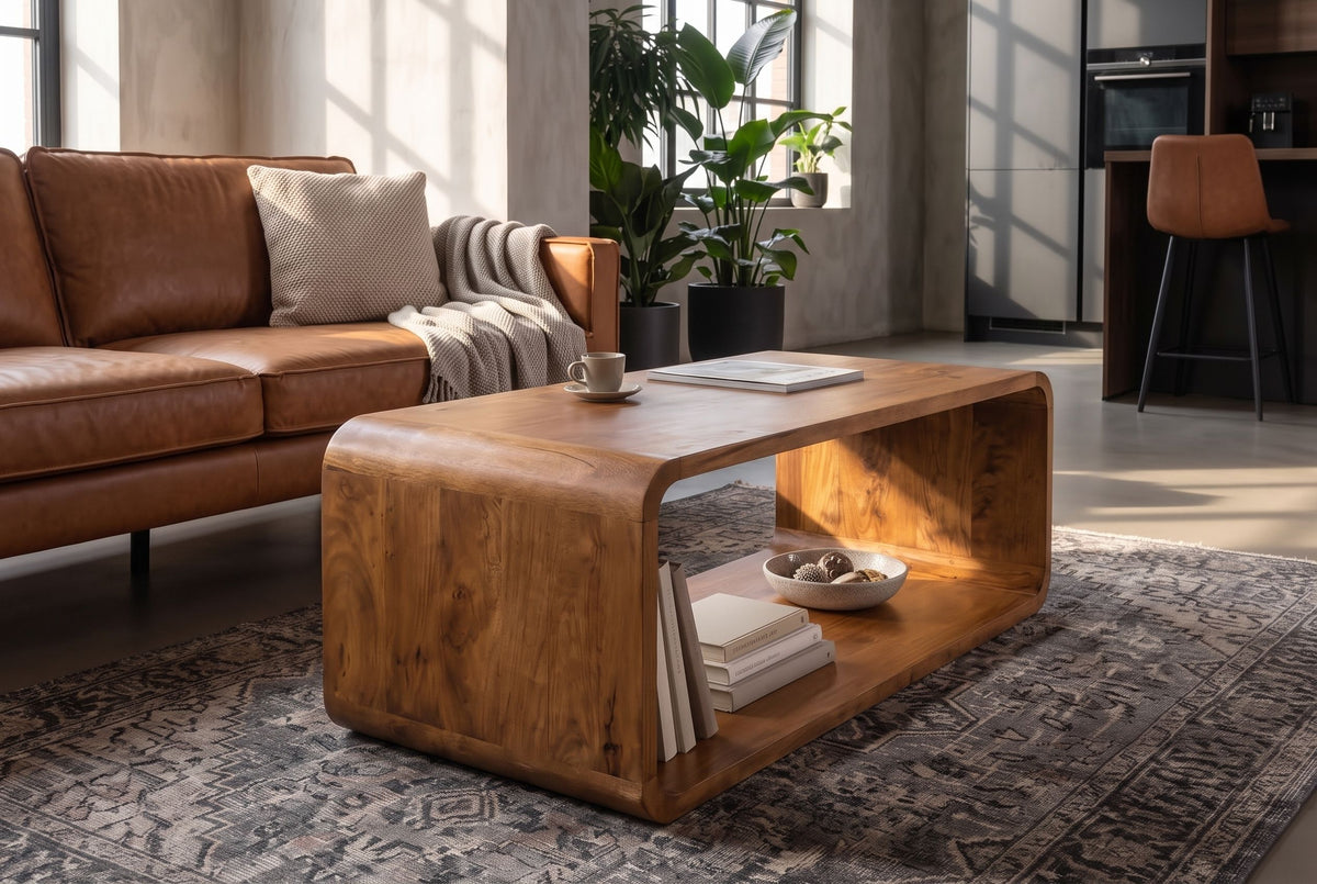 Coffee table CUBUS 100cm w/ storage space mango wood brown honey finish