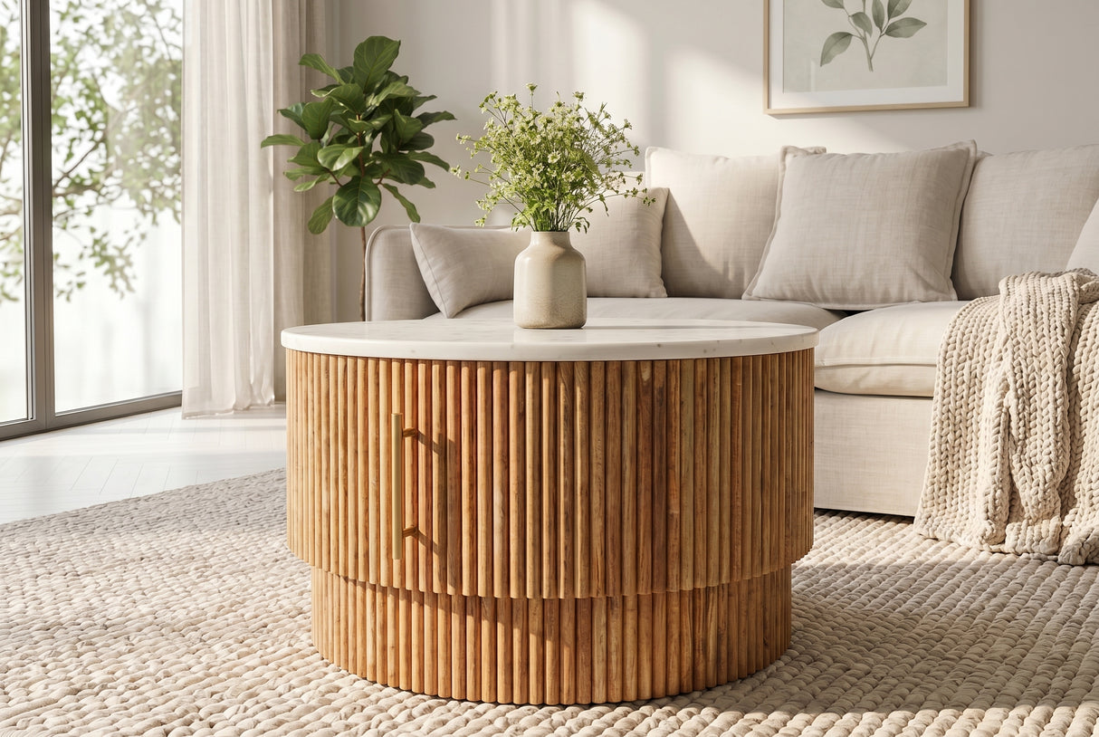 Couchtisch TRES CHIC Ø 60cm rund Mangoholz natur mit weißer Marmorplatte