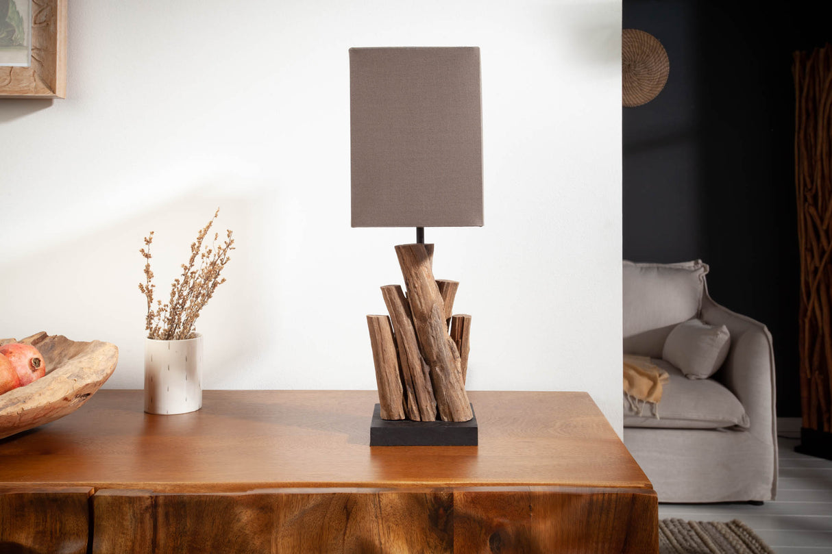 Tischleuchte PURE NATURE 45cm Recycling-Eisen Holz mit Baumwollschirm braun