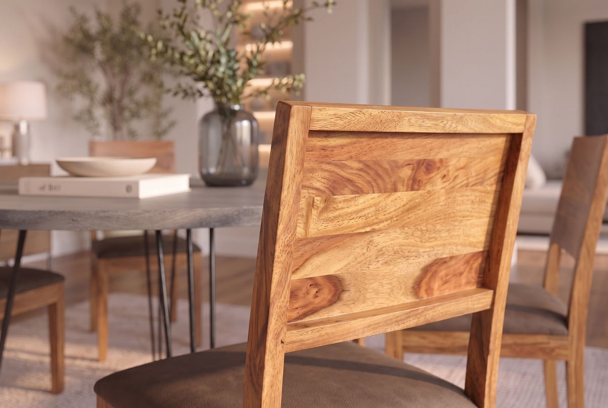 Chair MAKASSAR 80cm microfibre brown and sheesham wood brown stone finish