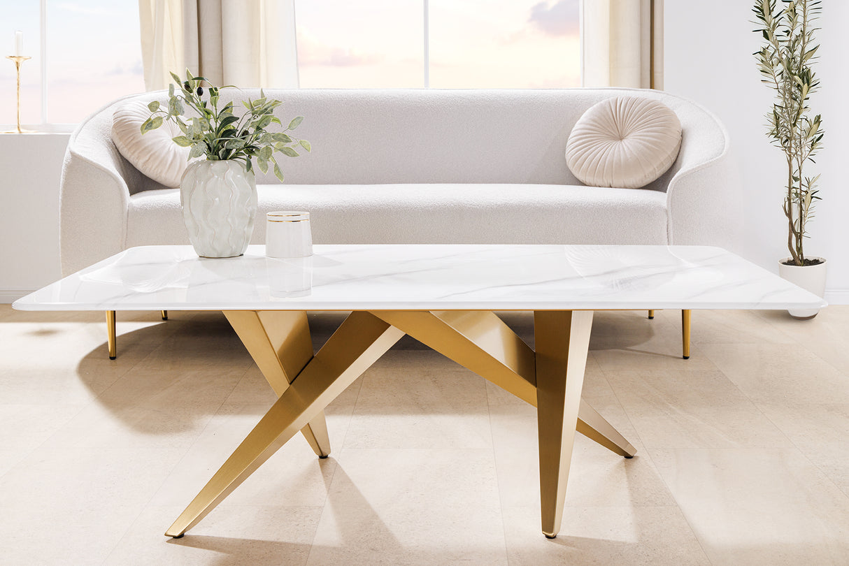 Coffee table ART LIVING 130cm ceramic white marble top w/ champagne golden frame