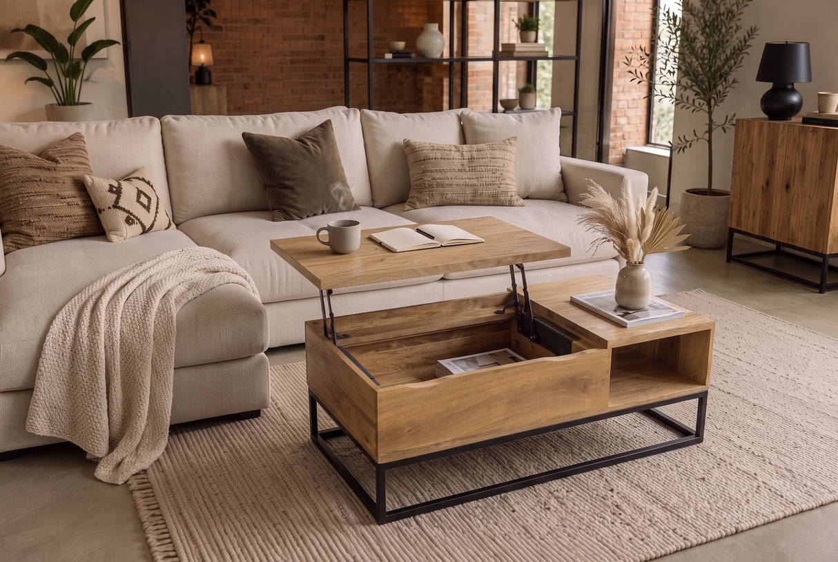 Coffee table MAKASSAR FUNCTION 110cm height adjustable mango wood natural creamy w/ storage space