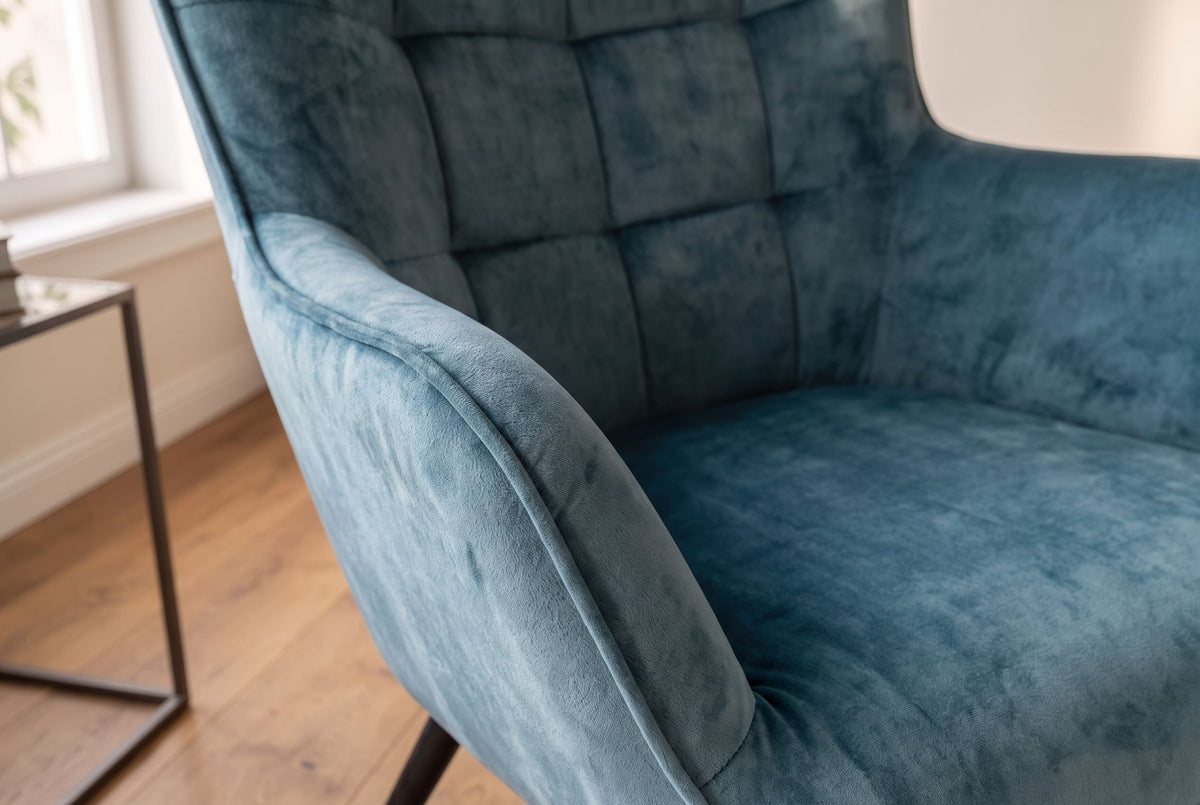 Armchair SCANDINAVIA stitched backrest velvet petrol w/ black metal legs