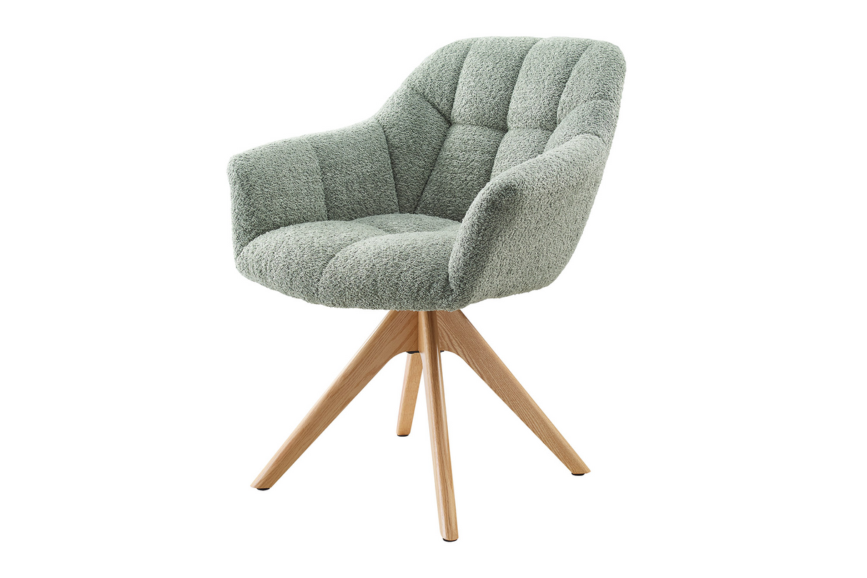 Swivel chair PAPILLON rotatable 180° sage green bouclé w/ armrests oak look legs