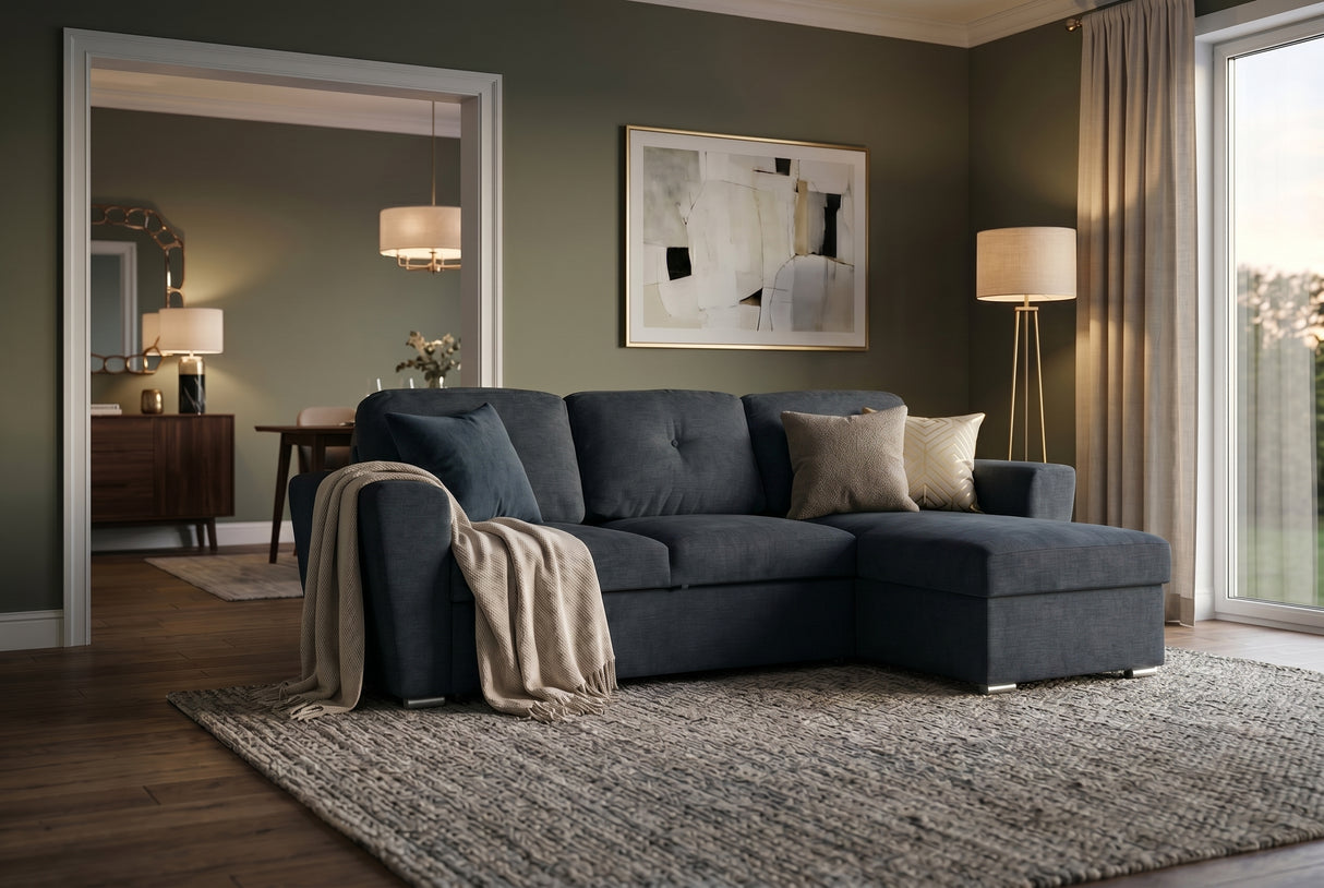 Schlafsofa APARTMENT 245cm 3-Sitzer mit Ottomane und Stauraum Strukturstoff grau