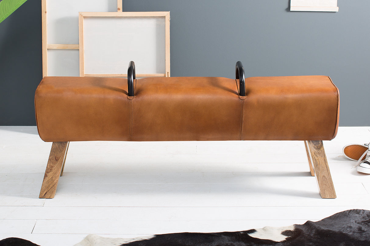 Bench BOCK 134cm with handles genuine leather light brown