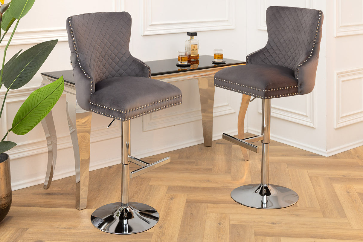 Bar stool CASTLE height adjustable w/ lion´s head handle velvet grey in baroque style