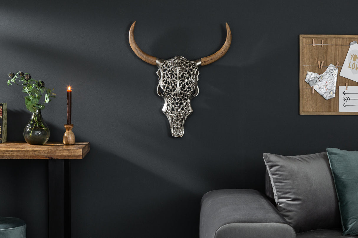 Wanddeko Totenkopf EXOTIC BULL 57cm silber Mangoholz Hörner