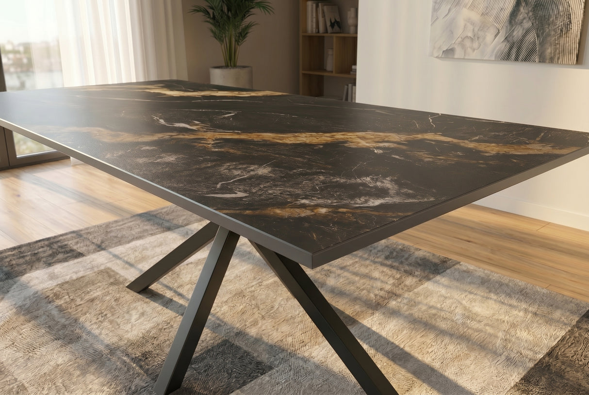 Dining table GALAXIE 180cm w/ star frame aurora oro ceramic black gold sand