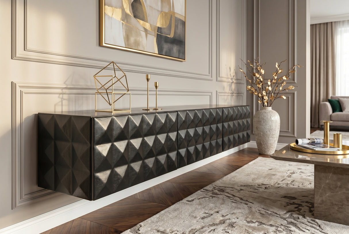 TV-Board VULCANO 160cm 3D hängend mit Kabelloch Mangoholz schwarz