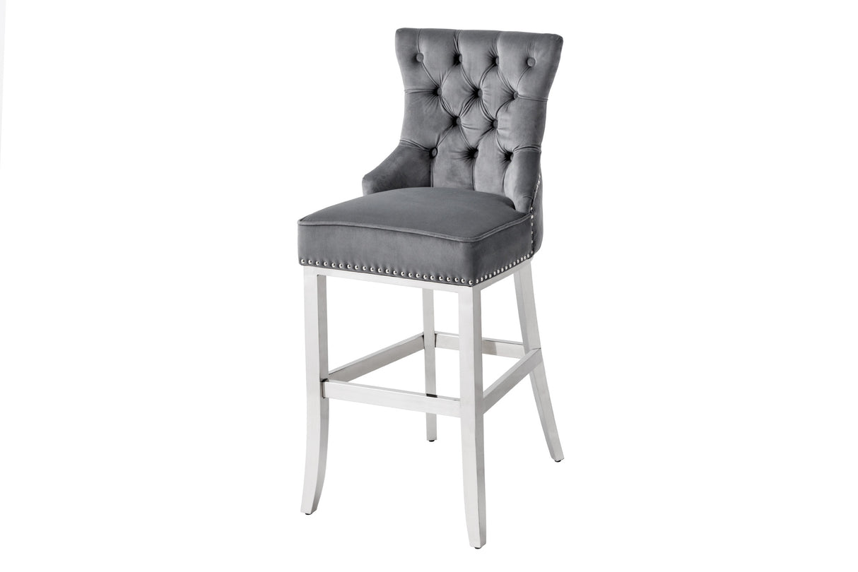 Barstuhl CASTLE DELUXE 74cm mit Löwenkopf Samt grau im Barockstil