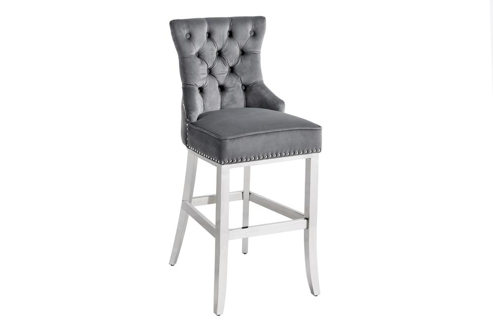 Barstuhl CASTLE DELUXE 74cm mit Löwenkopf Samt grau im Barockstil