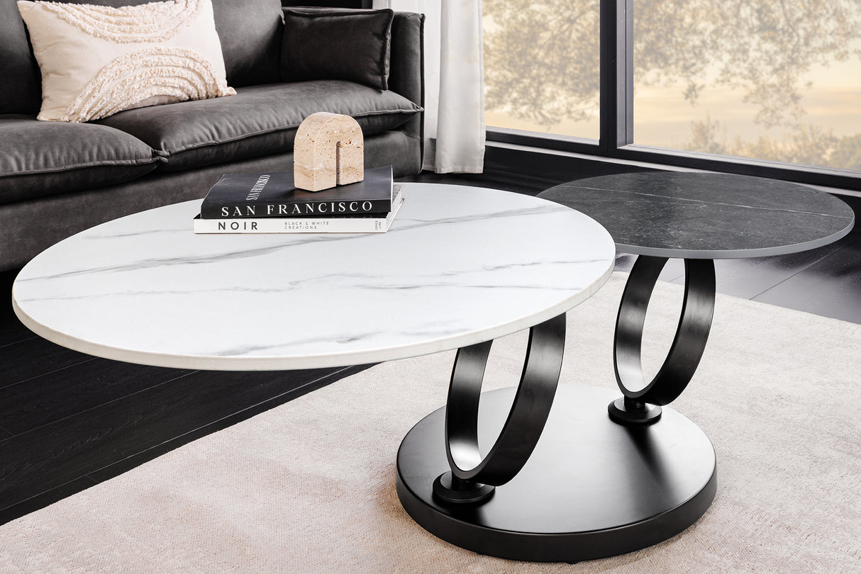 Coffee table DANCING RINGS 80-135cm rotatable ceramic top white and anthracite marble look