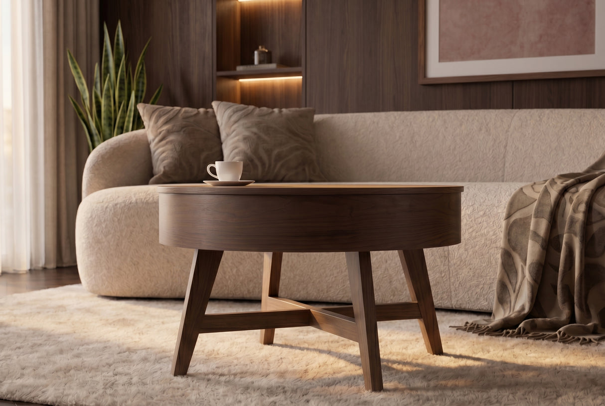 Coffee table KYOTO 70cm round w/ storage space walnut wood verneered