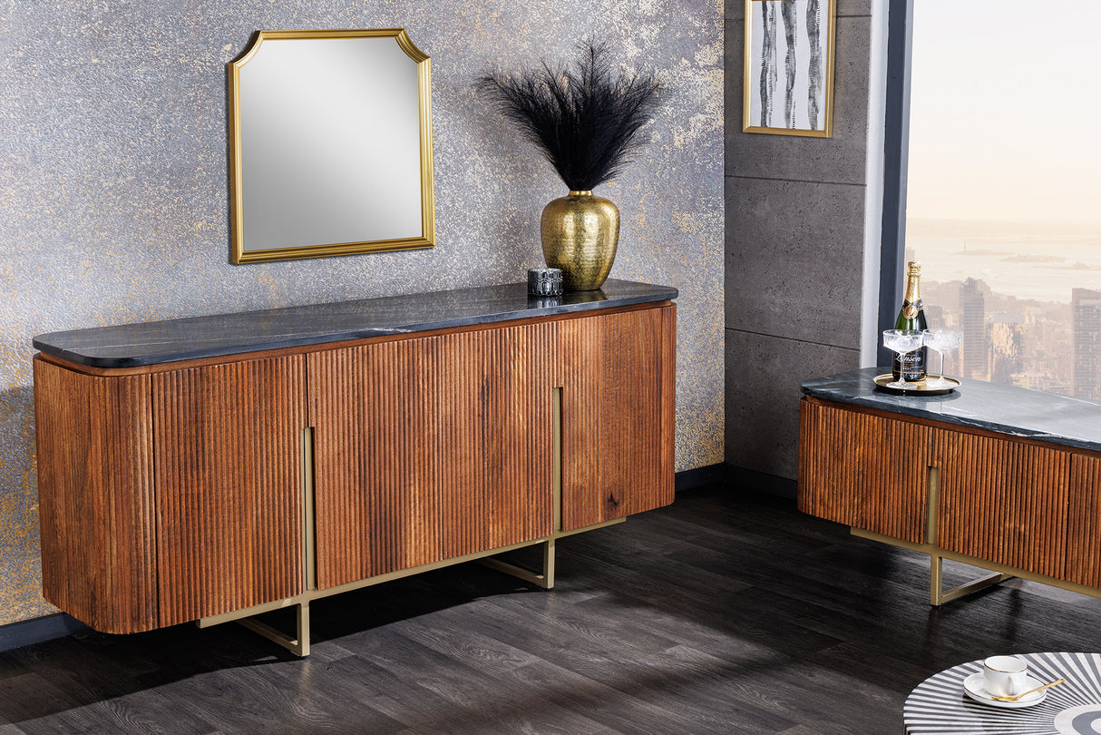 TV-Board GATSBY 160cm Retro-Stil Mangoholz gold Marmorplatte schwarz