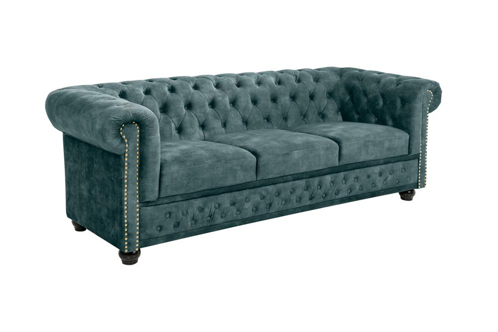 Sofa CHESTERFIELD 205cm 3-seater button tufted velvet teal w/ decorative stud trim
