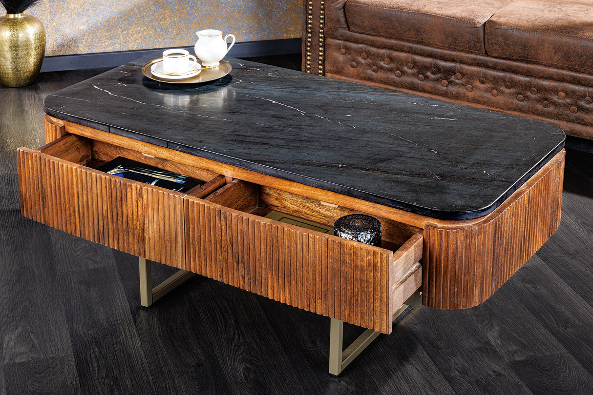 Coffee table GATSBY 110cm retro style mango wood gold marble top black