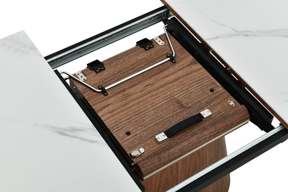 Dining table UNIQUE 160-200cm extendable dark walnut wood look white ceramic marble top