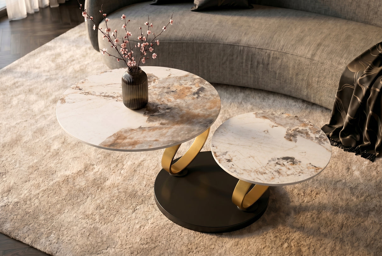 Coffee table DANCING RINGS round rotatable pandora ceramic matte gold rings