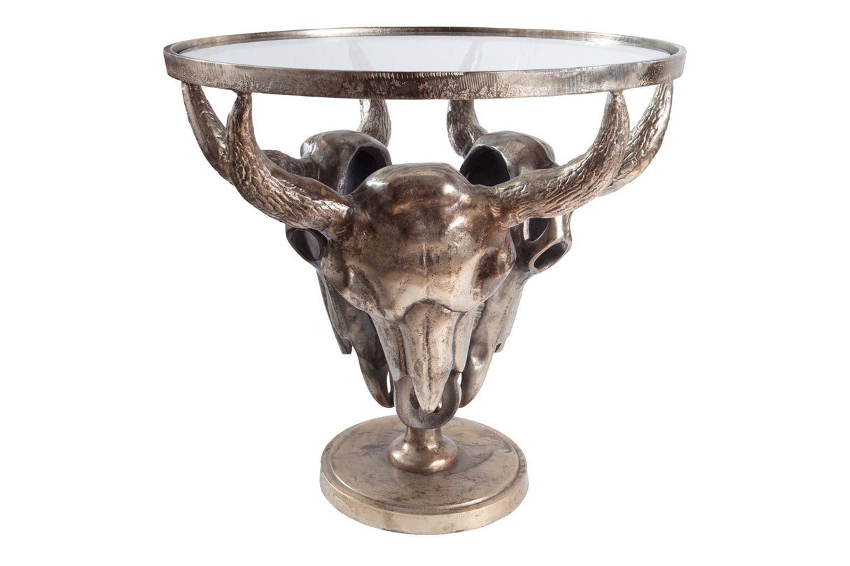Couchtisch MATADOR 56cm 3 Totenköpfe bronze 8mm Glasplatte