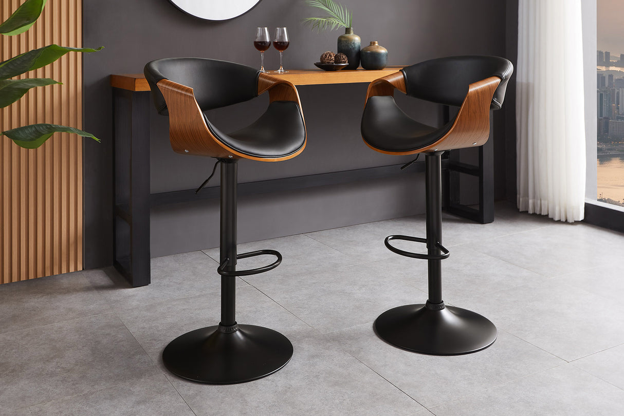 Bar stool ORGANIC 89-100cm rotatable w/ armrests artificial leather and walnut wood look