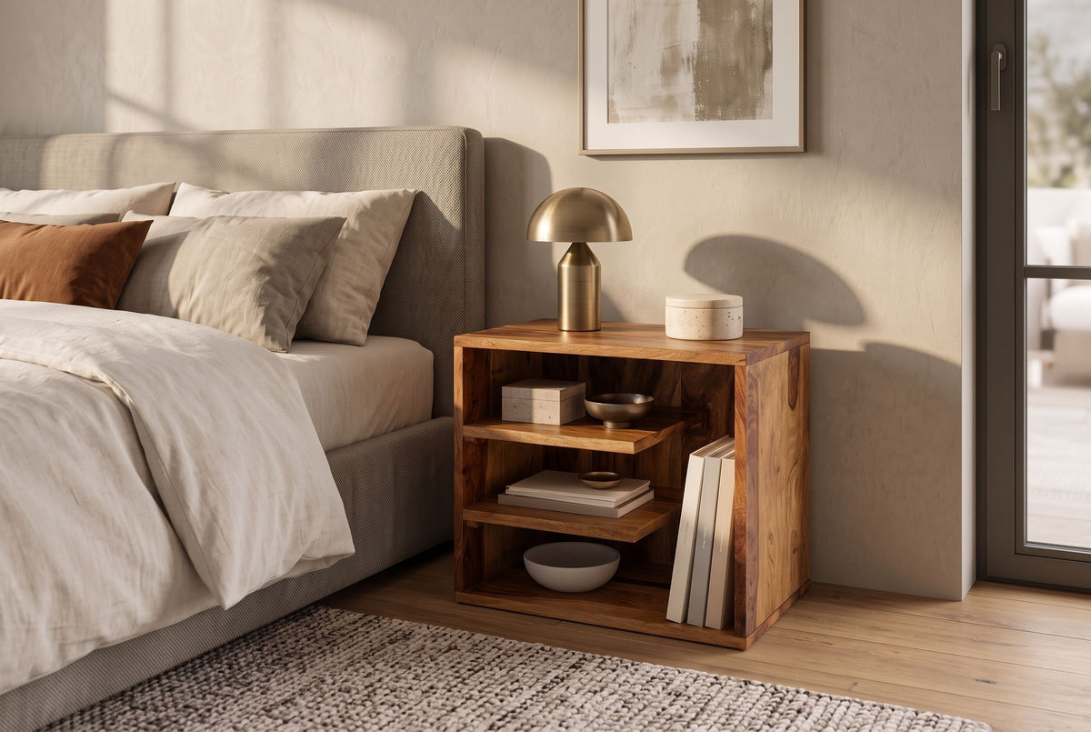 Side table CUBUS 45cm w/ open storage shelves sheesham wood brown stone finish