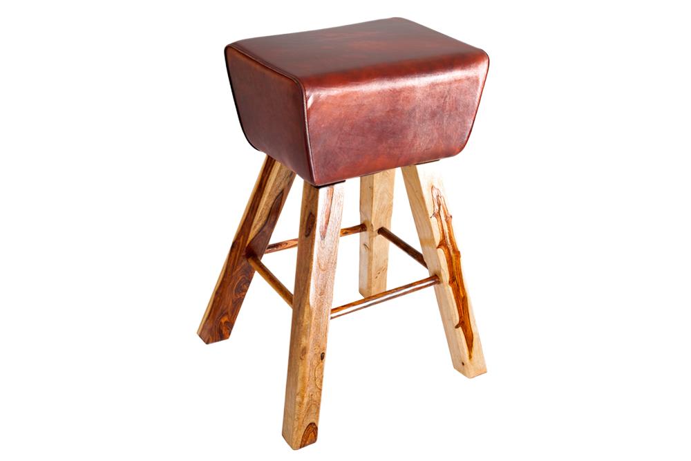 Barhocker TURNBOCK 75 cm Sitz gepolstert Mangoholz natur Echtleder kaffeebraun