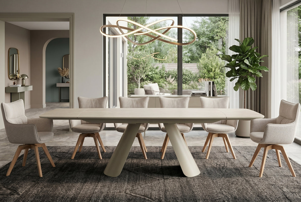 Dining table VOGUE 160-240cm extendable w/ metal frame travertine ceramic top champagne greige beige