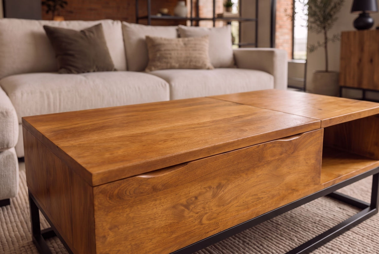 Coffee table MAKASSAR FUNCTION 110cm height adjustable mango wood honey finish w/ storage space