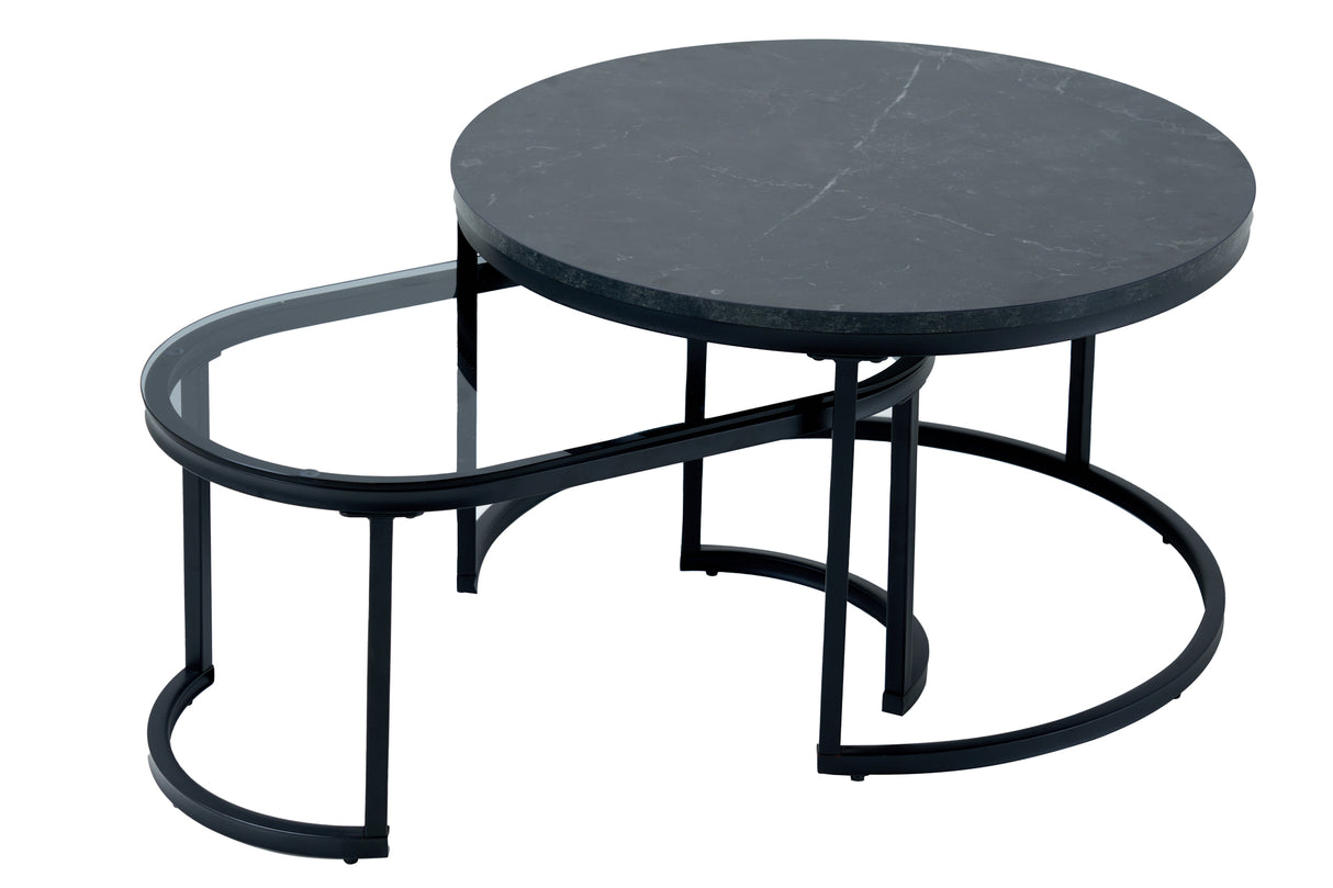 Coffee table ELEGANCE 70cm set of 2 marble look and smoke glass black