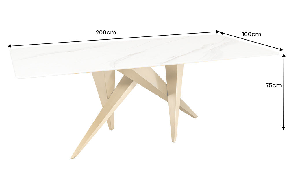 Esstisch ART LIVING 200cm Keramikplatte aus weißem Marmor mit champagnergoldenem Rahmen