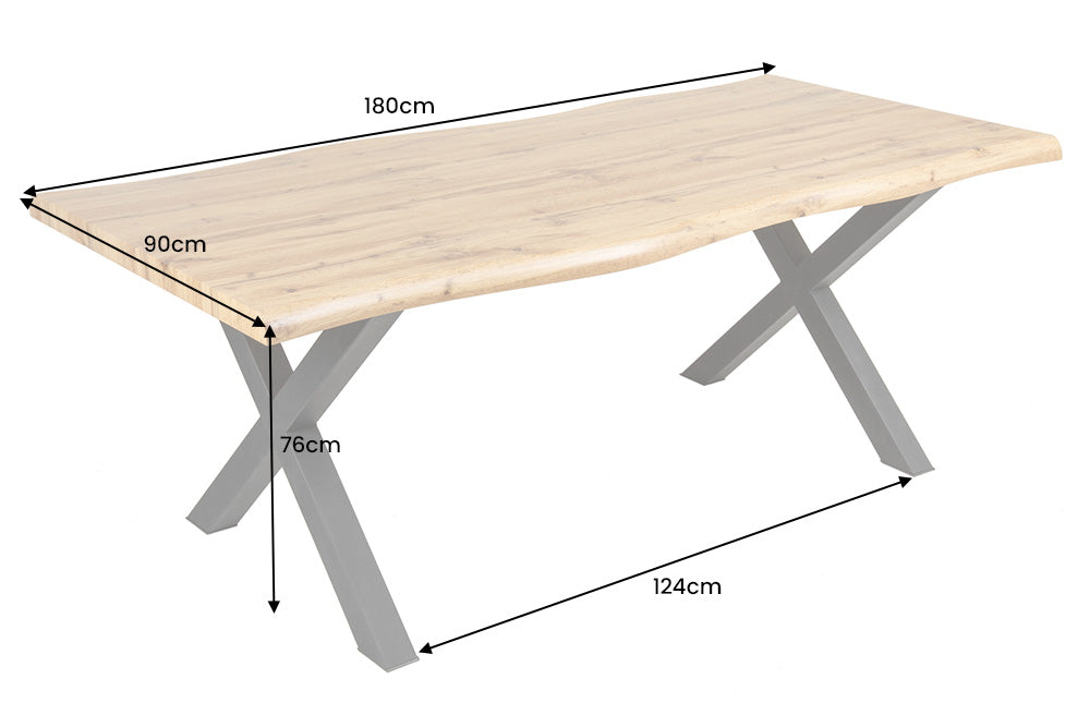 Esstisch WILD 180cm Tischplatte 50mm X-Beine Wildeiche Optik natur