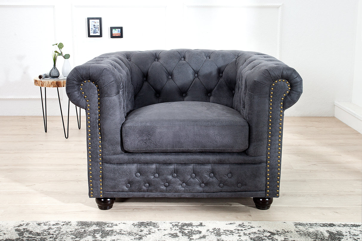 Armchair CHESTERFIELD antique look microfibre grey