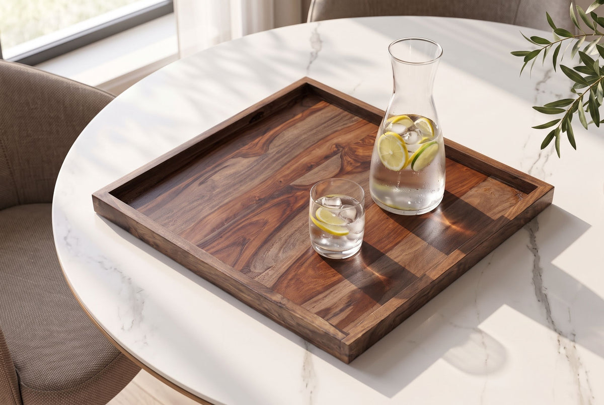 Tray MAKASSAR 50cm w/ raised edge sheesham wood brown smoke finish