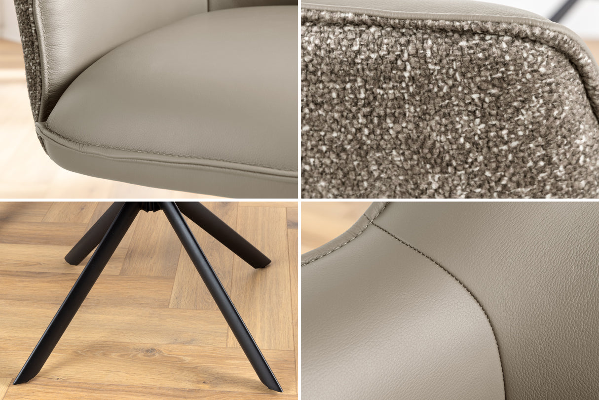 Drehstuhl LE GRAND 180° drehbar mit Armlehnen Strukturstoff und Leder taupe